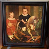 A41. Framed print on canvas of 18th century shop painting. Frame: 29”h x 27”w